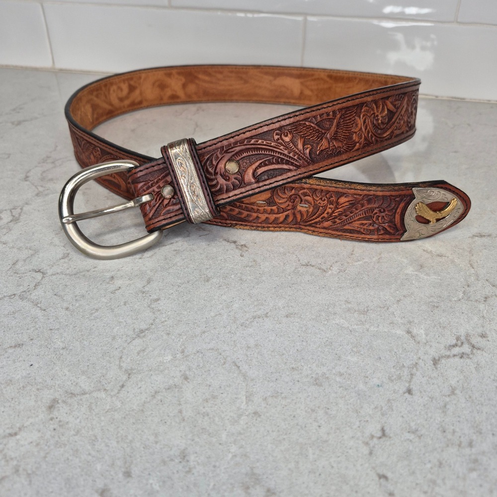 Silver Creek Belt Tooled Leather Eagle Tip 36 Brown Mens